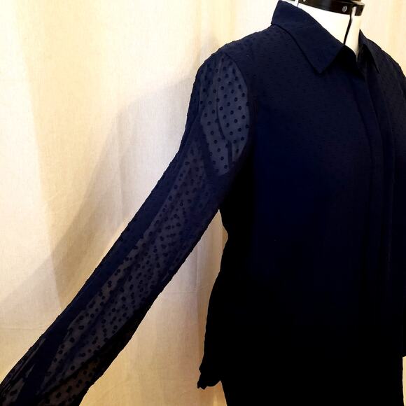 Talbots Blue Swiss Dot Blouse Sheer Long Sleeve Button Front | Size XL - Picture 4 of 11